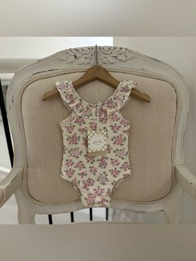 🤍 12~18 Mth Petit Lem Pink Ditsy Floral Ivory One Piece Ruffle Baby Swimsuit NWT